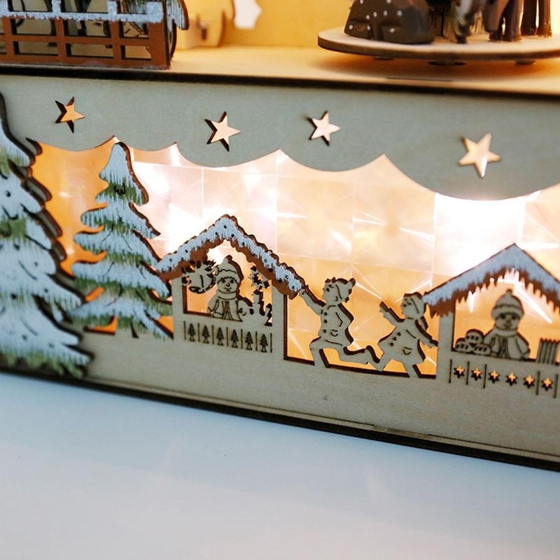 Christmas Wooden Scene 3D Model Illuminated Houses Fir and Snowfall