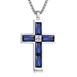 BAMIKI Cross Necklace for Men, Created Sapphire Blue Cross Pendant Necklace, Mens Crystal Zircon September Birthstone Stainless Steel Necklace Faith Jewelry Gifts, Box Chain 24 Inch