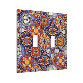 Tewujay Light Switch Cover Mexican Talavera Ceramic Tile Pattern 2 Gang Wall Plate Double Light Switch Plate Toggle Decorative Outlet Covers Electrical Switchplate for Bathroom Home Decor