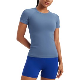 CRZ YOGA Seamless Workout Tops for Women Hip Length - Athletic Running Gym Yoga Short Sleeve Shirts Breathable Crewneck Tees Oasis Blue Medium