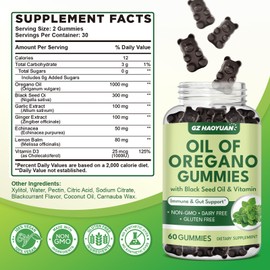 Oil of Oregano Gummies with Black Seed Oil + Vitamin D3, Oregano Oil Organic High Carvacrol, Immune & Digestive Support, Antioxidant Support, 60 Gummies