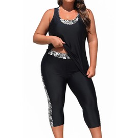 Yonique 3 Piece Plus Size Swimsuits for Women Tankini Tops with Sports Bra and Swim Capris Athletic Bathing Suits, Black Floral 02, 22 Plus