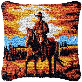 Western Cowboy on Horse Latch Hook Pillow Kit for Adults Throw Pillow Cover with Printed Canvas DIY Hook Crochet Yarn Needle Craft Easy Handmade Cushion for Home Sofa Decoration 43x43cm(8)