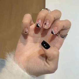 Short Press Glitter French Square Fake Nails, Heart & Rhinestone Pearl Design, Glossy Nude Artificial Nails with Stick On Glue, Cute and Reusable for Women's DIY Manicure