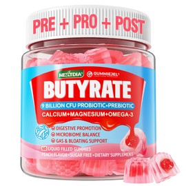 Butyrate Gummies with Probiotic + Prebiotic + Postbiotic, Omega-3 500mg,Fiber with 9 Billion CFU Probiotics, Calcium & Magnesium, Inulin,Psyllium Husk for Digestive Health,Bloating Support,Sugar Free