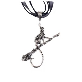 Cat on the Broomstick Pendant Necklace with 20-22 inch stylish black cord for cat lovers, magic and other occasions