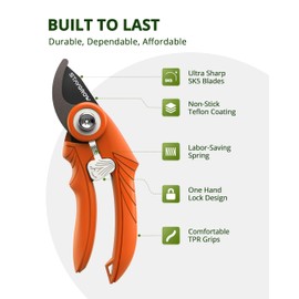 STAYGROW Pruning Shears, Garden Shears - 6.9" Garden Clippers, Gardening Scissors with Rust Resistant SK5 Stainless Steel Blade, Cuts 3X Easier, Weak Hand Arthritis Pruners for Gardening - Orange