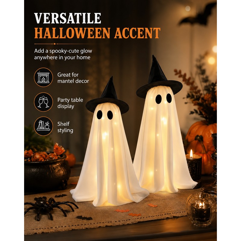 LED Witch Hat Ghost Figurines for Halloween Decor – 2-Piece