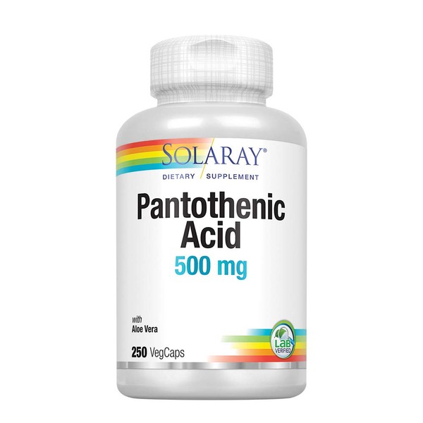 SOLARAY Pantothenic Acid 500mg Vitamin B-5 for Coenzyme-A Production & Energy Metabolism for Hair, Skin, Nails & Digestive Support 250 VegCaps