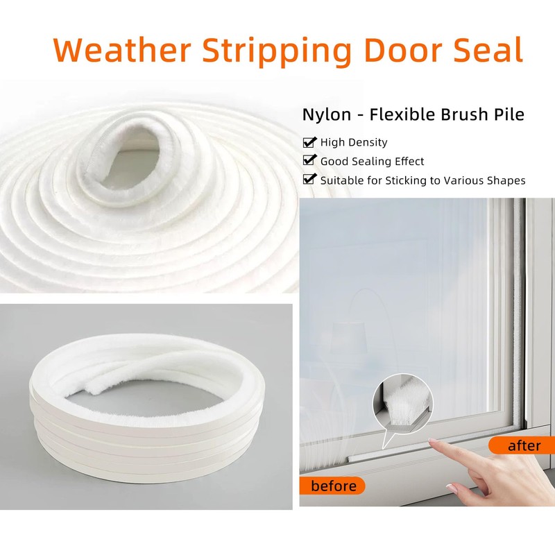 Brush Weather Stripping,0.35inx33Feet,Soundproofing Door,Window Insulation Seal,Energy Saver, Dust Proof, Adhesive