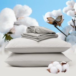 Double Stitch 100% Organic Cotton Sheet Set Queen- 300 TC Luxury Hotel Sateen Weave, GOTS Certified Long Staple Cotton, Made in India, 1 Fitted Sheet, 1 Flat Sheet, 2 Pillowcases, Winter Sky