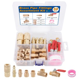 KOOTANS 32PCS 1/4" NPT Brass Pipe Fittings Kit Air Hose Fitings, Ball Valve, Reducer Adapter, Hex Nipple, Hex Coupling, Street Tee Fitting Kits Air Compressor Quick Connect Fittings