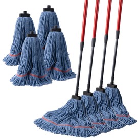 Matthew Commercial&Residential Mop Heavy Duty Industrial Mops with Screw-on Handle(Fit Standard American Screw) Looped-End String Wet Cotton Mops for Home,Office,Warehouse - 4 Set&4 Mop Replacements