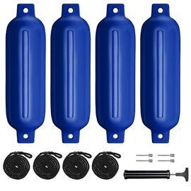 Sailortenx Boat Fenders 4 Pack 4.5x16'' Inflatable Ribbed Marine Boat Fender Lines 6.5' Needles Pump for Boat Bumpers Fender for Docking Fenders Blue…