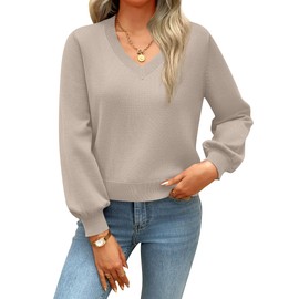 Zeagoo Womens Cropped V-Neck Sweater Lantern Sleeve Ribbed Knit Pullover Sweater Fall Fashion 2025 Light Khaki