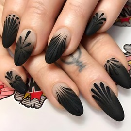 Matte Black Gradient Press on Nails Medium Almond Glue on Nails 3D Stripe False Nails Artificial Acrylic Fake Nails for Women Girls