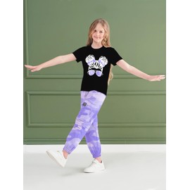 ARTMINE Girls' 2 Piece Outfits Casual Drawstring Denim Cargo Jogger Pants and Heart Print Short Sleeve Top Set, US 11-12 Years = Tag 160