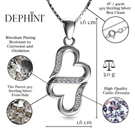 DEPHINI - Two Heart Necklace - 925 Sterling Silver - Cubic Zirconia Crystal Pendant - Fine Jewelry - 18" Rhodium Plated Silver Chain - Luxury Gift for Women