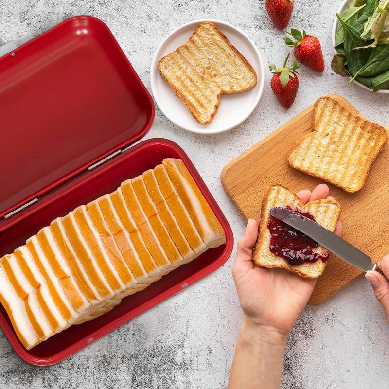 Plexon Red Bread Box for Kitchen Countertop with Lid and