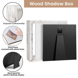 Califortree 5x5 Small Shadow Box Picture Frame with Soft Linen Back - Push Pins Included, Memory Shadow Box Display Case for Bouquet Awards Medals Wedding Photos and More, Rustic White