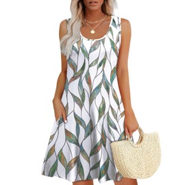 WEESO Summer Dresses for Women 2025 Coverup Loose V Neck Sleeveless Dress Sundresses with Pockets Floral Multi Leaf M