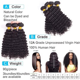 12A Brazilian Deep Wave Human Hair 3 Bundles 24" 26" 28" 300g Pineapple Deep Wave Bundles 100% Unprocessed Virgin Remy Hair Bundles Deep Curly Human Hair Weft for Black Women Natural Color