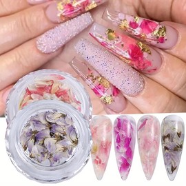 Dried Flowers for Nail Art, 3D Dried Flower Petals Nail Stickers Purple Natural Nail Decals Small Dry Flowers Nail Design Stickers Cute Dried Floral Nail Supplies for Women Acrylic Nail Decorations