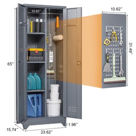 GREATMEET 65" Metal Storage Cabinet with Lockable Doors, Functional Garage Storage Cabinets, Heavy-Duty Tool Organization Utility Cabinet with Hanging Rod & S-Hooks,Grey