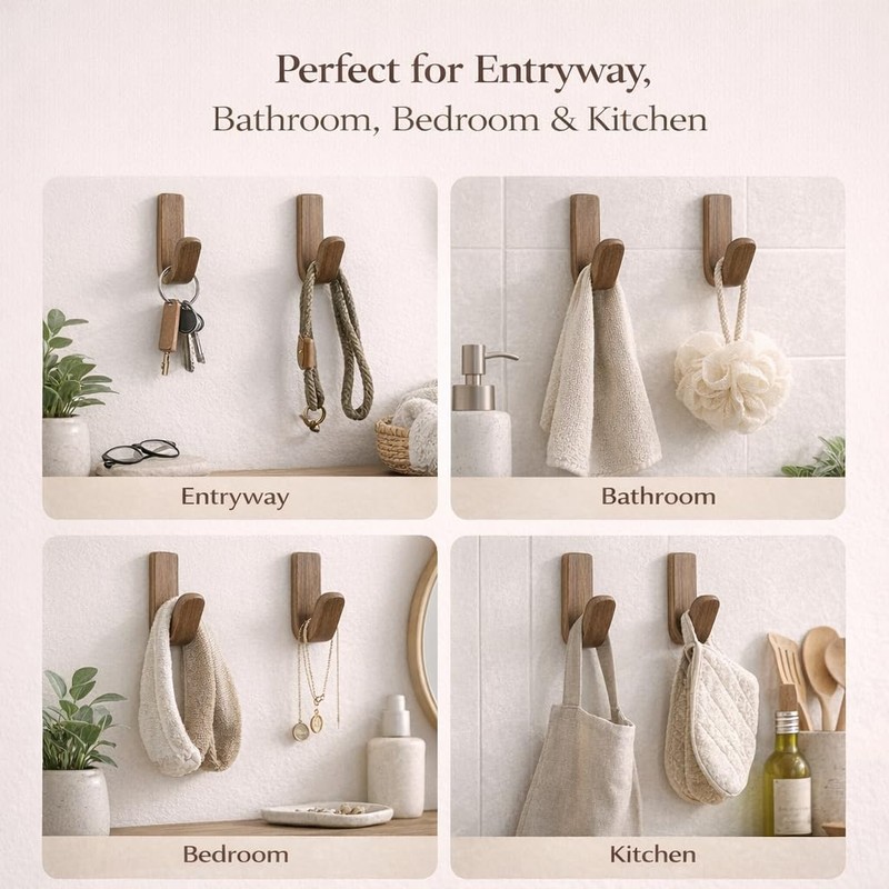 TYNUOCN 6 Pack Walnut Adhesive Wall Hooks, Decorative Wooden J