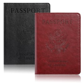 Passport and Vaccine Card Holder Combo, PU Leather Passport Wallet,Waterproof CDC Vaccination Card Passport Protector,Slim Travel Passport Holder for Family & Couple (Black+Wine Red)