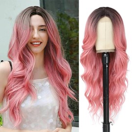 xrngrng Long Ombre Pink Wavy Wig 26 Inch Middle Part Curly Lace Hairline Wig for Women Synthetic Heat Resistant Fibers Wig for Daily Party Use (Ombre Pink)