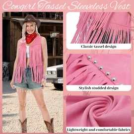 Dzorim Western Cowgirl Costume for Women Cowboy Tassel Vest for Women Hat Dress Bandana Bracelet (Pink, 3XL)