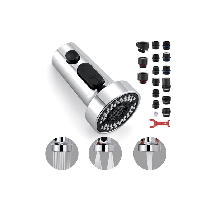 Kitchen Faucet Head Replacement with 15 Adapters, 3 Function Pull