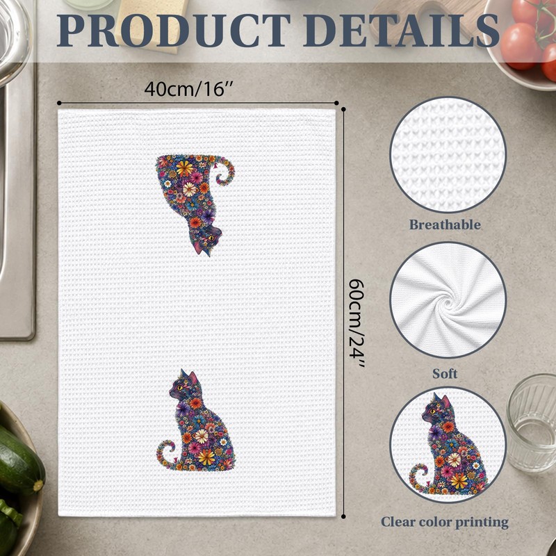 Floral Cat Kitchen Towel, Colorful Kitten Hand Towel for Cat