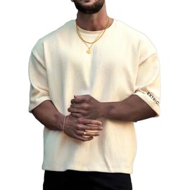 Verdusa Men's Casual Round Neck Drop Shoulder Letter Print Tee Shirt Tops Beige Large