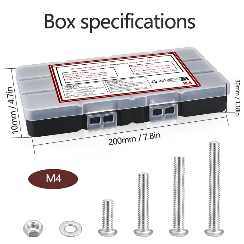 WUJIAQIU M4 Screws Set, 840 Pieces Rounded Head Screws Nuts