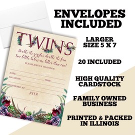 Rustic Boho Watercolor Succulents, Pine, and Feathers Baby Sprinkle Baby Shower Invitations for Twins, 20 5"x7" Fill In Cards with Twenty White Envelopes by AmandaCreation