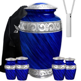 Set of 6 Eternal Blue Decorative Cremation Urns for Ashes Adult Male & Female Includes 1 Large Urn with 4 Small Keepsakes & 1 Necklace for Human Ashes