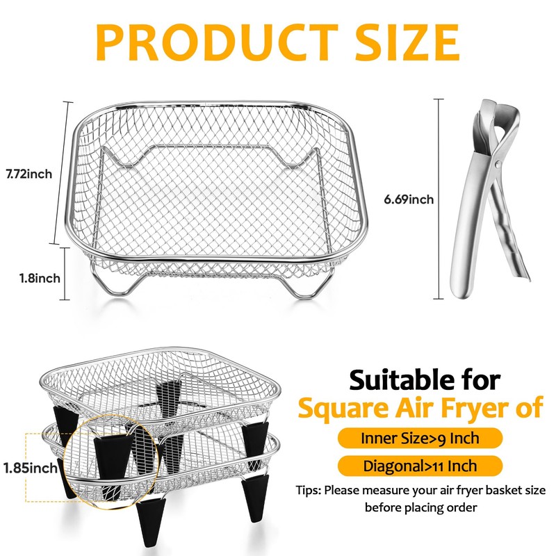 TeamFar Square Air Fryer Rack, 7.72" Stainless Steel Stackable Air