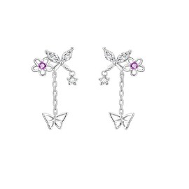 925 Sterling Silver Tiny Butterfly Chain Drop Earrings for Women Cute Flower Dangle Earrings (Silver, One size)