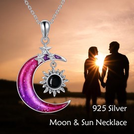 POPLYKE 925 Sterling Silver Moon Sun Necklace Moon Dog Necklace for Women Enamel Colourful Moon Jewellery Gifts for Girls, Sterling Silver, No Gemstone
