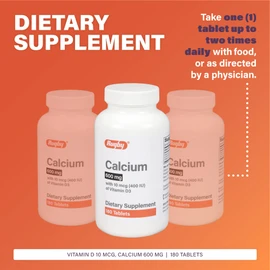 Rugby 600mg Calcium Tablets - Made with 10mcg (400IU) of Vitamin D3 - Dietary Supplement - 180 Count (1 Pack)