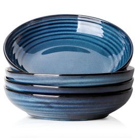 Tikooere Pasta Bowls 32 OZ,Ceramic Salad Serving Bowls Set of 4,Large 8.7 inch Shallow Bowls Plates for Soup,Fruit,Noodle,Dinner,Dishwasher & Microwave Safe,Navy Blue
