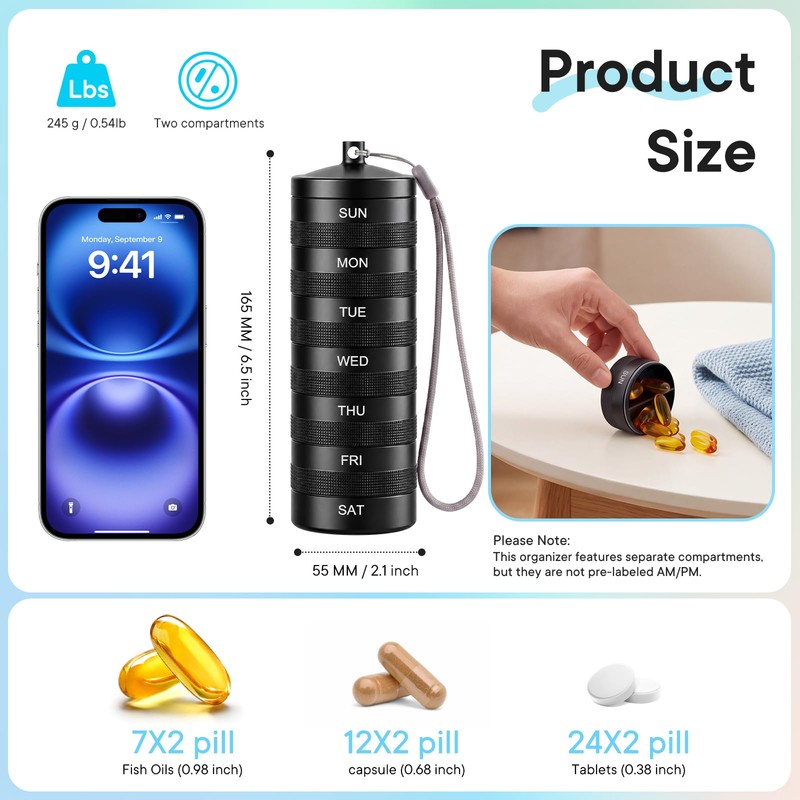 Weekly Metal Pill Organizer 2 Times a Day, Waterproof Travel