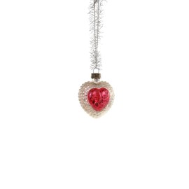 Red Silver Victorian Heart with Tinsel Hanger Glass Ornament