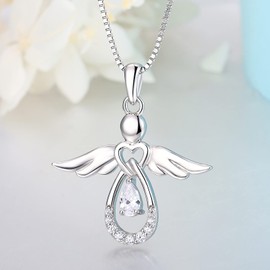 FJ Necklaces for Women Guardian Angel Necklace Pendant 925 Sterling Silver April Birthstone Cubic Zirconia Necklace Jewellery Gifts for Women Girls