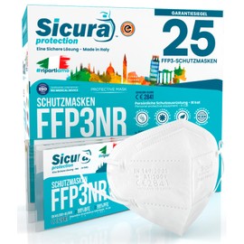 25 x FFP3 Masks, CE Certified Filter Class BFE ≥99% PFE ≥ 99% FFP2 Masks, Sanitised, Individually Sealed ISO 13485 Respirator Mask, CE Made in Italy