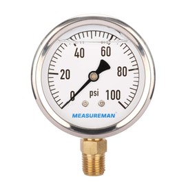 Measureman Medidor de presión de fontanería relleno de glicerina, 0-100 psi, caja de acero inoxidable, montaje inferior NPT de 1/4 pulgadas