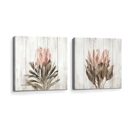 Flower Canvas Wall Art Picture: Blossom Protea Floral Painting Print Rustic Wildflower Artwork Bathroom Living Room Decor