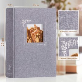 Lanpn Photo Album for DIY and Gluing, Small Linen Photo Book Window Design, 60 White Pages with Glassine Dividers, Holds 9 x 13 cm, 10 x 15 cm, 13 x 18 cm Photos (19 x 27 cm, Grey)